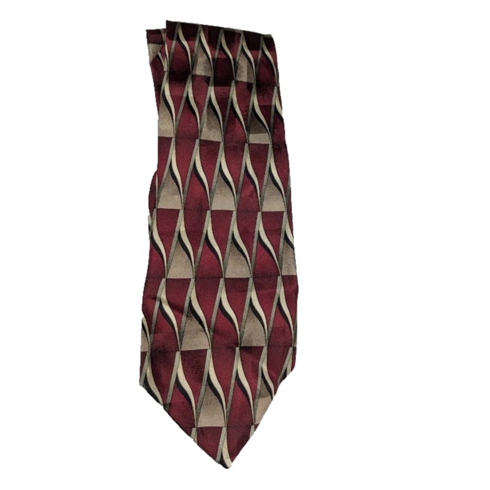George Machado Zylos Men's Geometric Necktie 100% Silk Maroon Tan White Vintage